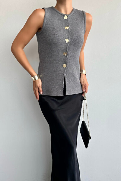 LOOSH Anthracite Geometric Vest - Crew Neck and Button Detail