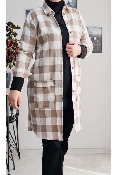 PNRSTİL Kadın Tesettür Uzun Spor Oduncu Ceket Gömlek Kareli Cepli