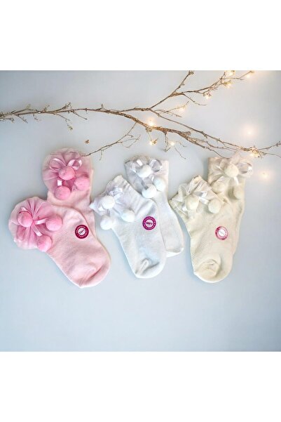 EXE HAPPY COLORS Set of 3 Perfumed Cotton Socks with Pompom for Baby Girl and...