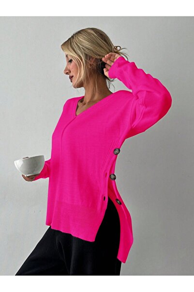 AQE FASHION Γυναικείο πουλόβερ φούξια με κουμπιά V-λαιμόκοψη