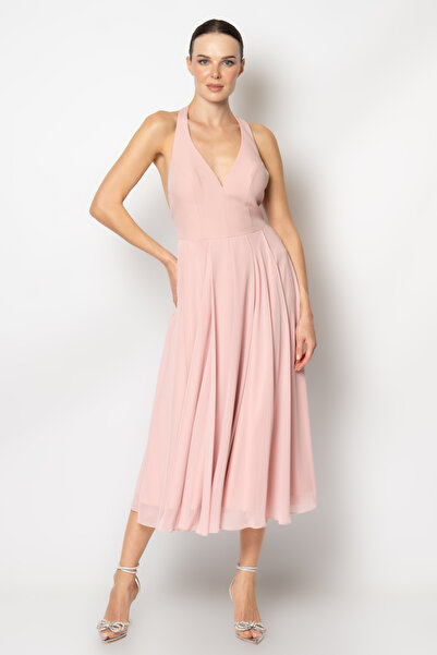 RENGIN Sırtı sıralı gül detaylı şifon abiye elbise