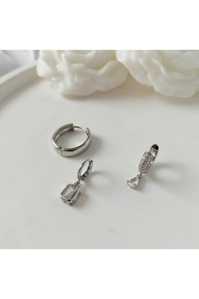 Butik Kadın Çelik Silver Çoklu Küpe