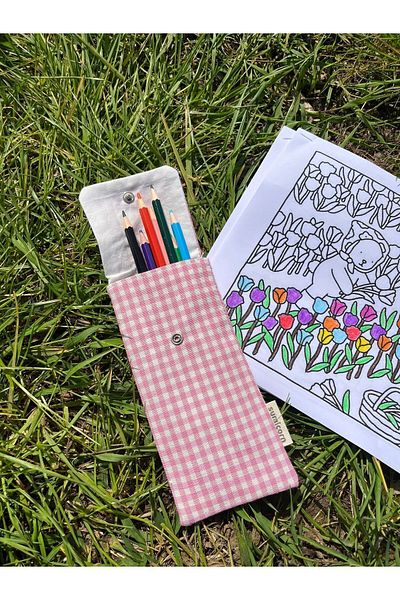 sumicorn Pink Linen Glasses - Washable Snap Detail, Gingham Pen Holder