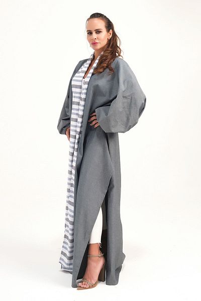 Marever Fashion Brocade Placket Linen Caftan Gray