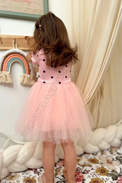 penu baby kids Pembe Puantiyeli Tütülü Kısa Kol Kız Bebek Elbise - Emily