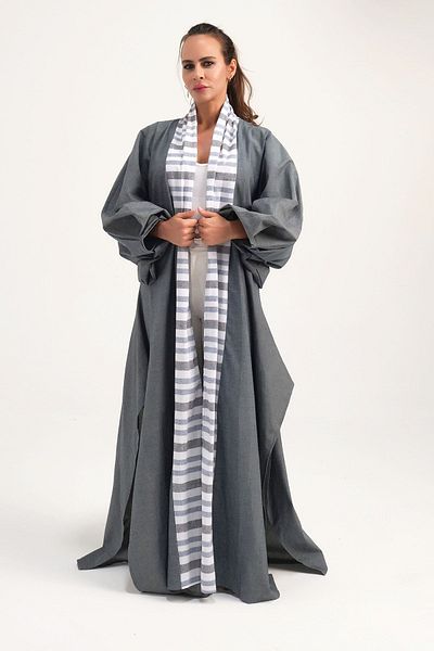 Marever Fashion Brocade Placket Linen Caftan Gray