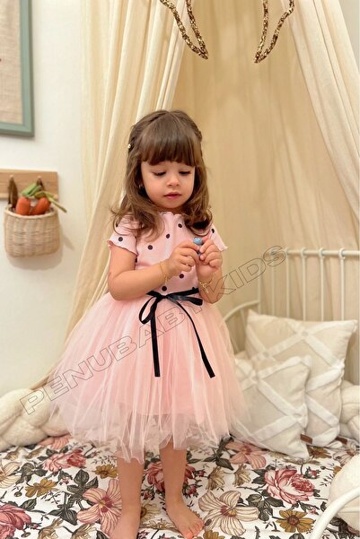 penu baby kids Pembe Puantiyeli Tütülü Kısa Kol Kız Bebek Elbise - Emily