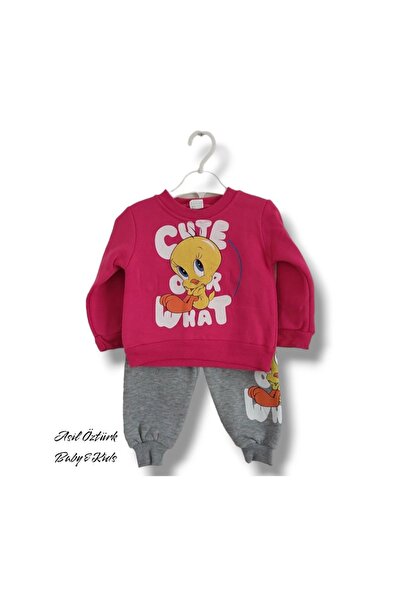 Kız Bebek Çocuk Alt Üst Eşofman Takımı Kışlık 3 Ip Şardonlu Tweety Model
