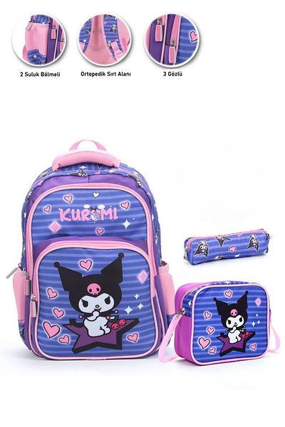 Kids Kuromi School Bag - Set of 3 Lunch Box and Pen Holder