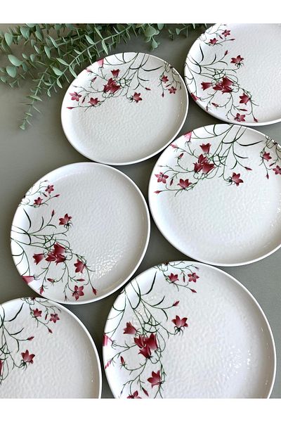 Yiğit Seramik Züccaciye Fushia Crocus Model - 20 Cm, 6 Pieces, Cake and Serving Plate