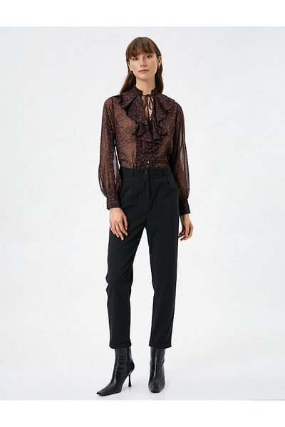 Koton Floral Chiffon Shirt Ruffled Collar with Tie Detail Long Sleeves