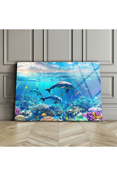 BV DEKOR Γυάλινη διακόσμηση τοίχου Dolphin Fish, Μοντέρνα ζωγραφική σε γυαλί, εκτύπωση UV σε σκληρυμένο γυαλί, εξαιρετικής ποιότητας