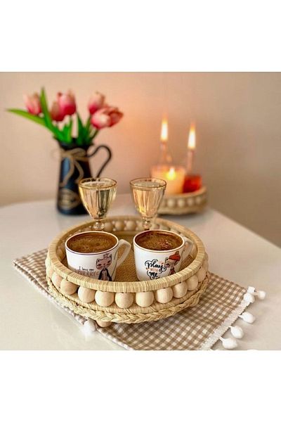 Süs Dükkanı Wooden Tray Decorative Gift Presentation Tea Coffee Basket Model Diameter 25 Cm