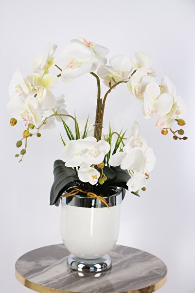 Yapay Çiçek Deposu 6 قطع فاخرة من زهرة الأوركيد البيضاء الرطبة في وعاء معدني ...