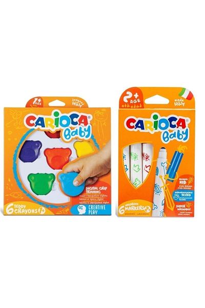 CARIOCA Teddy Shaped Non-polluting Crayon Pack of 6 and Super Washable Jumbo Felt Crayons Pack of 6