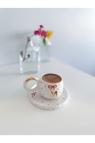 Mugtasarım 24 K Gold Gilded Red Double Turkish Coffee Cup - Letter m