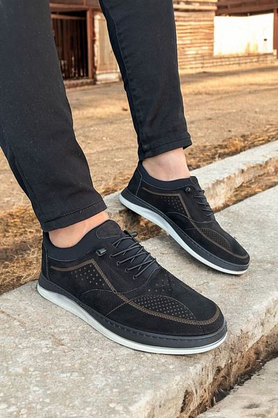 romex Pantofi pentru bărbați - piele naturală, piele de căprioară neagră, aspect elegant, piele interioară și exterioară, talpă ortopedică, confort