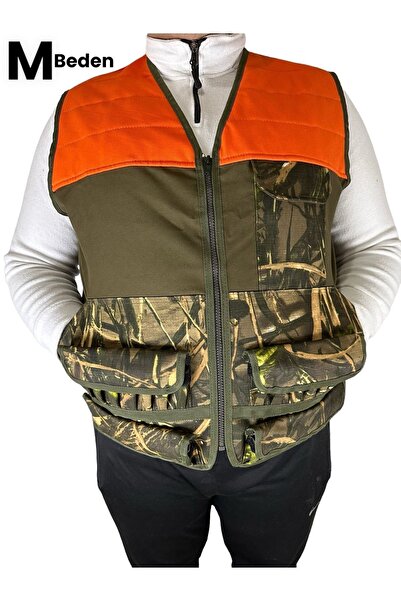 UYĞURCA Avcı Yeleği - 30 Fişek Kapasiteli - Turuncu Omuzlu -Haki üzerine Yeşil Ağaç Desen Kumaş