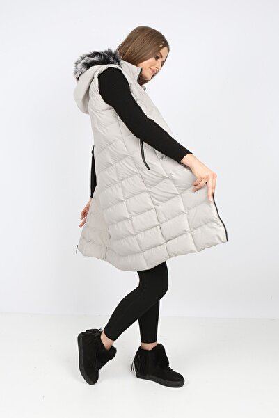 S&V TEKSTİL Women's Stone Color Trend Long Vest Coat