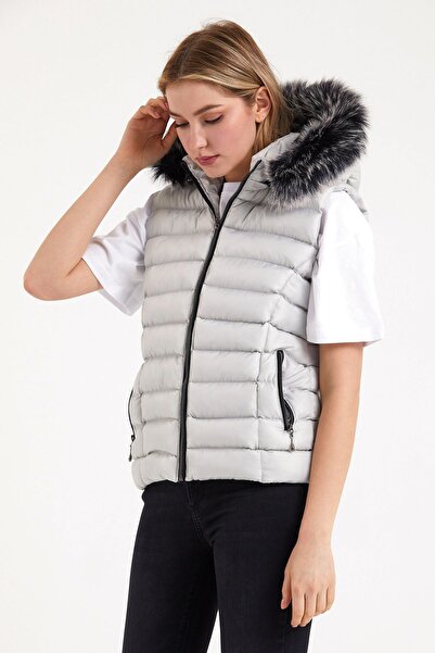 S&V TEKSTİL Women's Stone Color Puffer Short Vest Coat