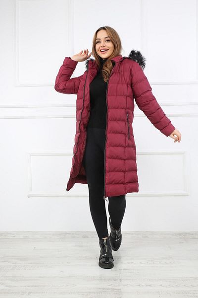 S&V TEKSTİL Parka puf pentru damă roșu claret deschis - haină lungă