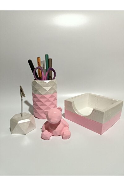 MİLE CONCEPT Masaüstü Beton Ofis Seti; Kalemlik, Notluk, Bloknotluk Ve Ayıcık