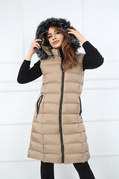 S&V TEKSTİL Jachetă lungă puffer de culoare piatră pentru femei