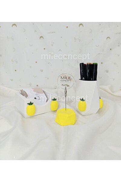 MİLE CONCEPT Desktop 3D Pineapple Patterned Concrete Office Set Yellow