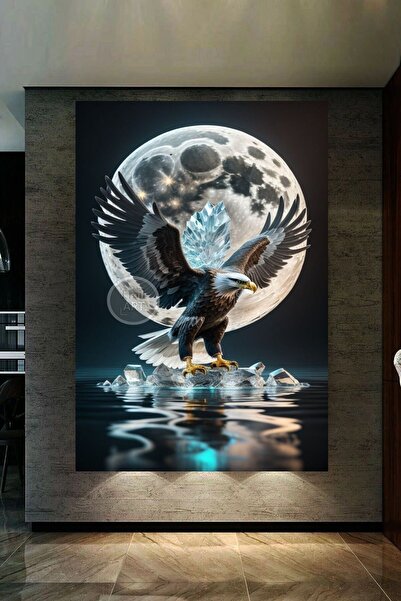 BLACK EAGLE HD QUALITY CANVAS PAINTING RAZED AGAINST THE FULL MOON AT SEA