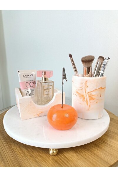 Genel Markalar Masaüstü Ofis Seti; Beton Silindir Kalemlik, Bloknotluk Ve Notluk Turuncu Mermer Desenli