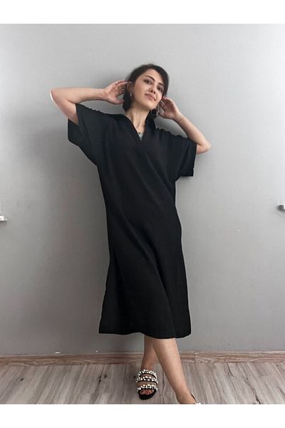 soBasic Rochie neagră lungă de in - Guler cămașă și detaliu cu fantă, vară - S