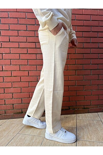 BY İMPALA MODA Bol Kesim Baggy Kalıp Düğmeli Keten Kumaş Pantolon