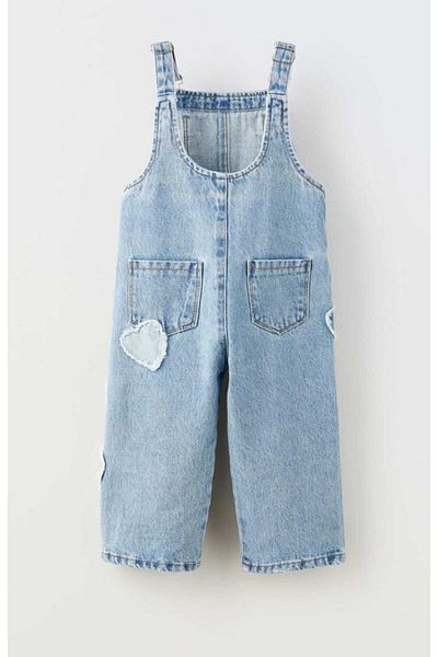 OliveYouMom Heart Detailed Pocketed Denim Girls Salopet Jeans Jumpsuit New Season