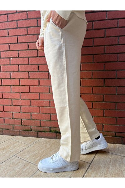 BY İMPALA MODA Bol Kesim Baggy Kalıp Düğmeli Keten Kumaş Pantolon