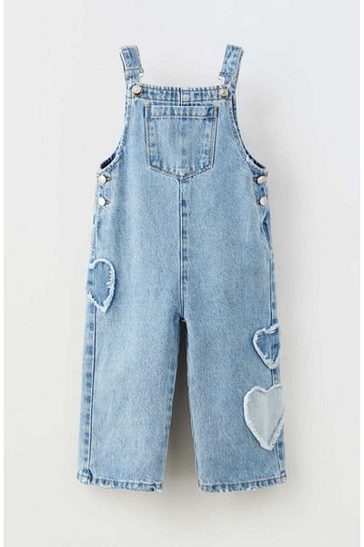 OliveYouMom Heart Detailed Pocketed Denim Girls Salopet Jeans Jumpsuit New Season