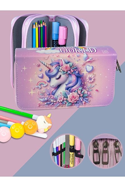 OneSize Kalem Kutusu Unicorn World Pembe Orginazer Üç Bölmeli Vegan Deri (Kal...