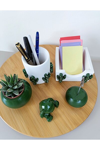 Genel Markalar Masaüstü 3d Kaktüs Desenli Beton Ofis Seti; Kalemlik, Bloknotluk, Notluk, Saksı, Sukulent Ve Ayıcık