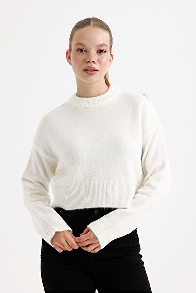 fujya Pulover crop de damă, cu gât crew, tricotaj alb