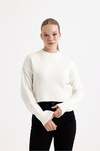 fujya Pulover crop de damă, cu gât crew, tricotaj alb