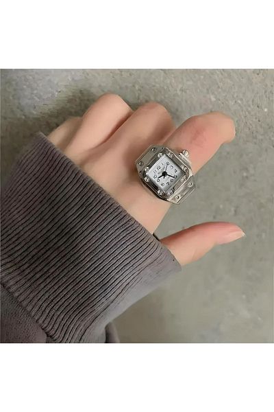 Bozhi Silver Mini Real Watch Ring, Ring Watch, Finger Watch Ring, White Square Ring Watch
