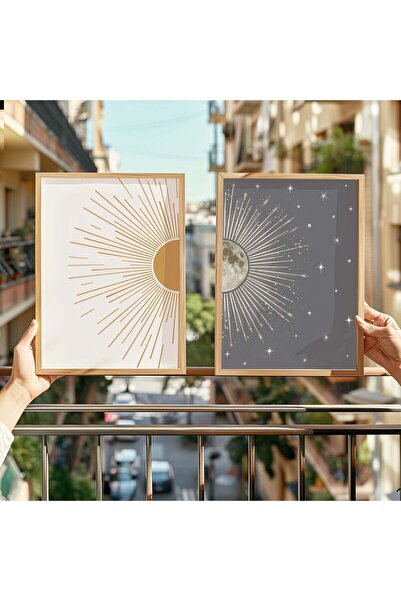 STARYUNA Ahşap çerçeveli 2'li boho ay güneş modern tablo yuna22