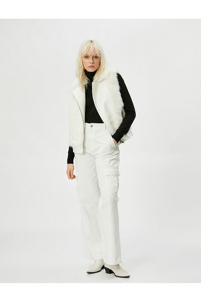 Koton Plush Vest Double Breasted Closure Zippered Pocket Detailed