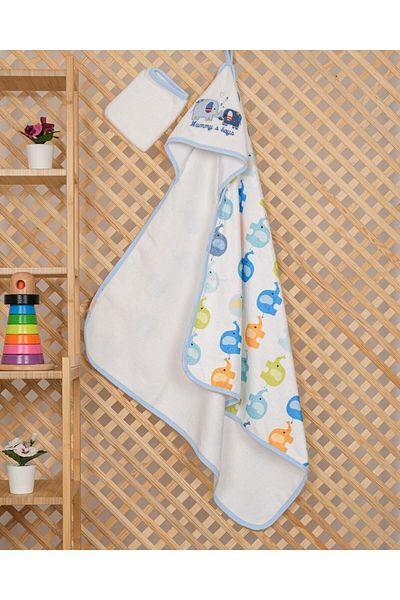 VEVİEN HOME Digital Printed Embroidered Baby Towel Blue with Pouch Gift