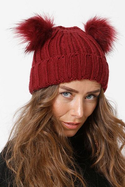 Vemod 75 Folded Double Pompom Knitted Beanie - Claret Red