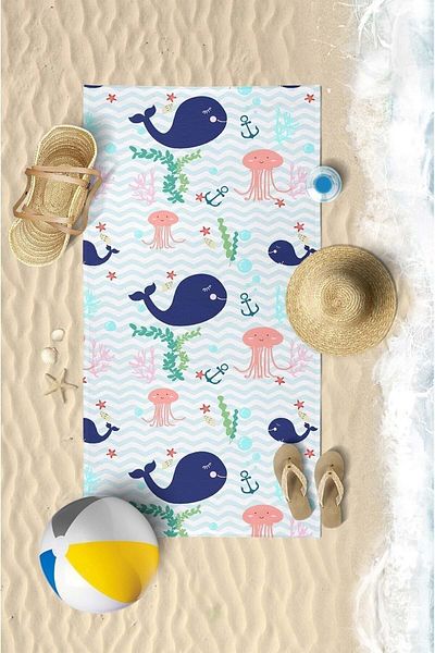 VEVİEN HOME Cute Whale Digital Printed 60x130 Cm Children's Beach Towel