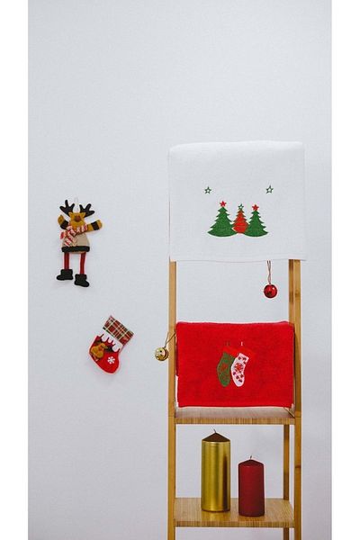 VEVİEN HOME Crăciun Fericit Anul Nou Bumbac Brodat 50x90 Set 2 Prosoape