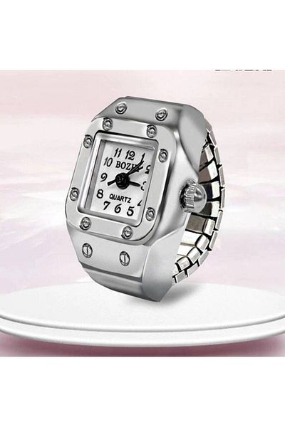 Bozhi Silver Mini Real Watch Ring, Ring Watch, Finger Watch Ring, White Square Ring Watch