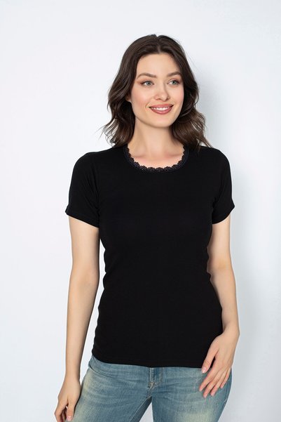 saac Black 4 Pieces 100% Cotton Combed Cotton Ribbed Round Neck Lace Short Sleeve Women's Undershirt