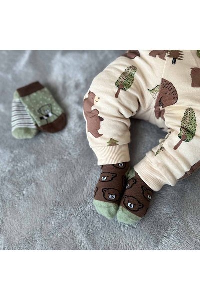 hogso 3-Pack Brown Bear Patterned Baby Socks