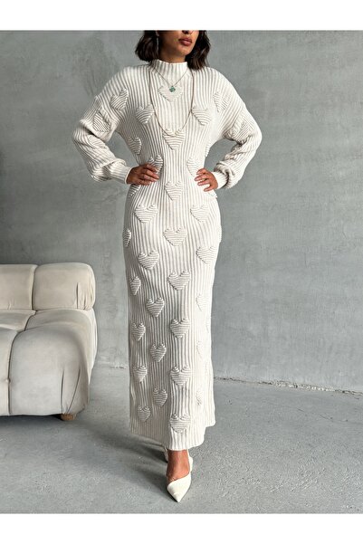 nosia fashion Kadın Kalpli Desenli Uzun Pamuklu Triko Elbise